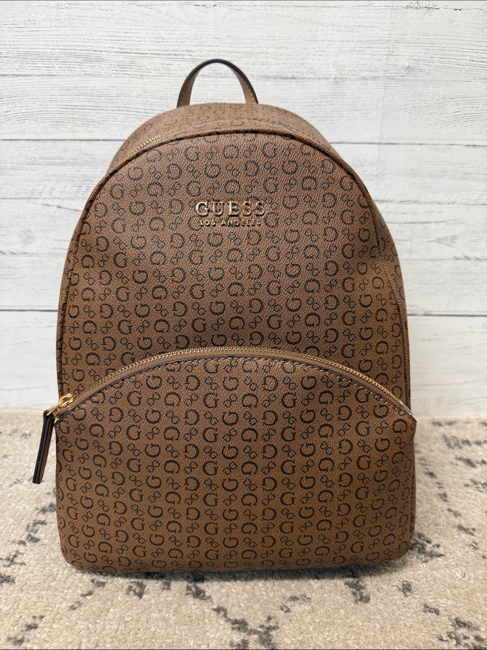 GUESS Brown Monogram Logo Backpack with Gold Hardware